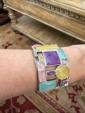 Multicolor Gemstone-Style Sterling Cuff Bracelet - Pink, Purple, Yellow, Aqua